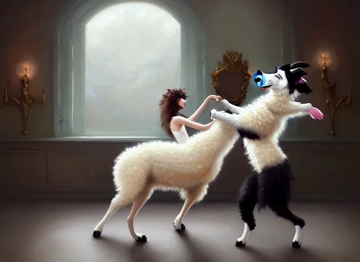 Image similar to wide shot painting of a male anthropomorphic border collie fursona dancing with a cute female anthropomorphic sheep fursona in a ballroom, beautiful, intricate, elegant, realistic proportions, highly detailed, scenic background, trending on artstation, art by charlie bowater and henry asencio and and ross tran