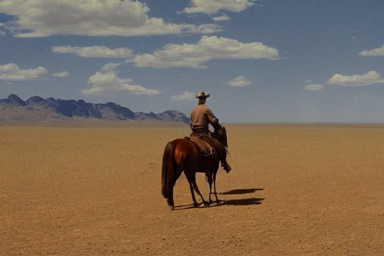 Image similar to a lone tired cowboy rides his horse in a vast desert valley, cinemascope, grand vista, greys and rust hues, fredrick remington, widescreen