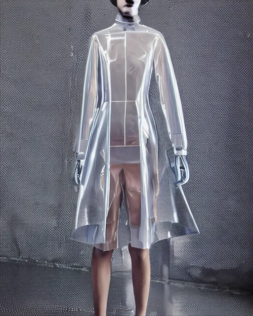 Prompt: an award winning fashion photograph of Balenciaga's transparent raincoat by Catherine Opie and Hajime Sorayama, Demna Gvasalia, cyberpunk, futuristic, Bladerunner 2049, dazzle camouflage!