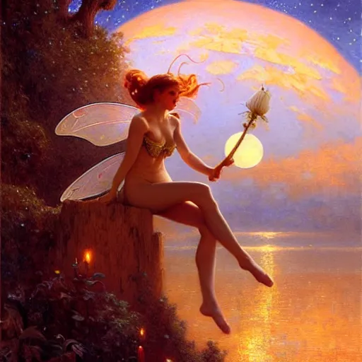 Image similar to attractive fairy magically floating high in the night, fantasy, full moon in background. highly detailed painting by gaston bussiere, craig mullins, j. c. leyendecker, sharp focus, 8 k