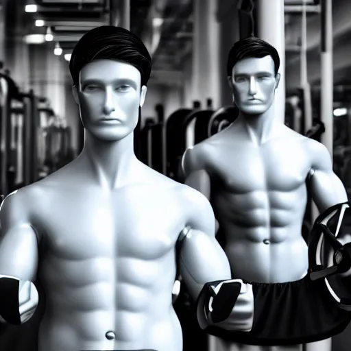 Image similar to a realistic detailed photo of a guy who is an attractive humanoid who is half robot and half humanoid, who is a male android, attractive and handsome jogger, shiny skin, posing like a statue, blank stare, in a factory, on display, showing off his muscles, wearing gym shorts, side view, looking at each other mindlessly