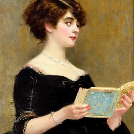 Prompt: young victorian lady in ball gown, absent - minded, holding a book, high hand detail!, painted by alfred stevens