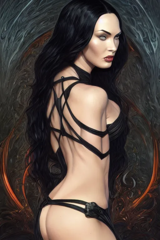 Image similar to ultra realistic illustration, megan fox as morticia addams from baldurs gate and diablo, intricate, elegant, highly detailed, digital painting, artstation, concept art, smooth, sharp focus, illustration, art by artgerm and greg rutkowski and alphonse mucha