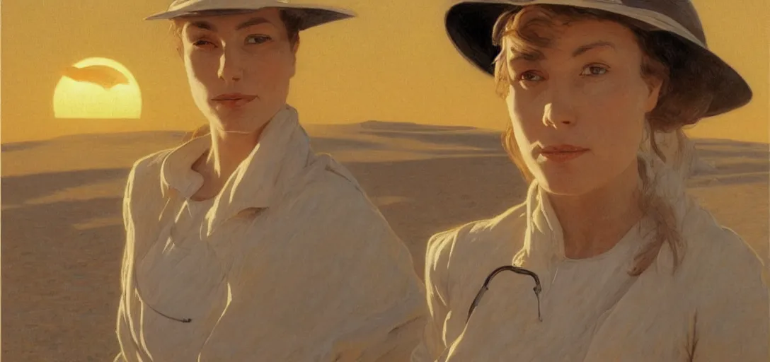 Prompt: portrait of a nurse in a huge desert, blazing sun, sci - fi by emile friant and moebius