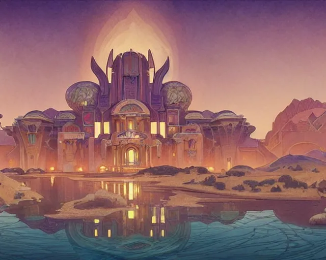 Image similar to art deco palace in the desert, fantasy, intricate, elegant, highly detailed, digital painting, artstation, concept art, matte, sharp, illustration, hearthstone, art by artgerm and greg rutkowski and alphonse mucha