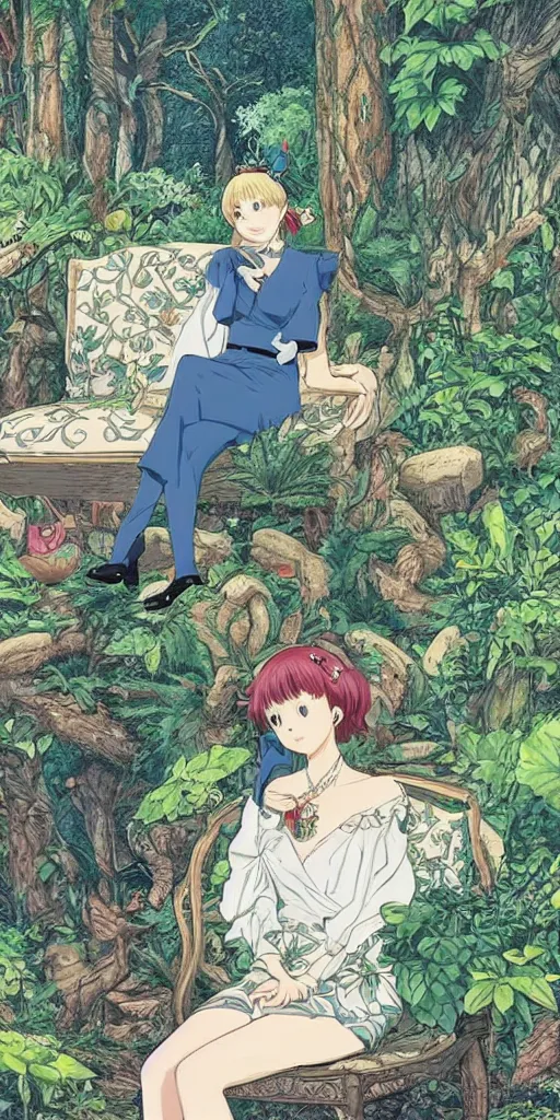 Prompt: the queen of good vibes sitting by herself on a sofa in a forest, drawn by CloverWorks, intricate detail, elegant, beauty