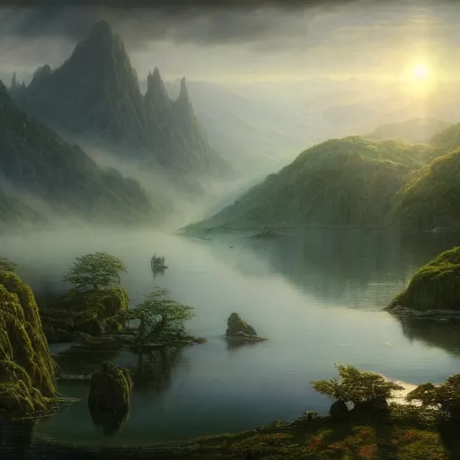 Image similar to a beautiful and highly detailed matte painting of the lost land by a beautiful lake, thick mist, sunlight, celtic, psychedelic, epic scale, insanely complex, hyperdetailed, sharp focus, hyperrealism, artstation, cgsociety, 8 k, bright colors, by caspar friedrich, albert bierstadt, james gurney, brian froud,