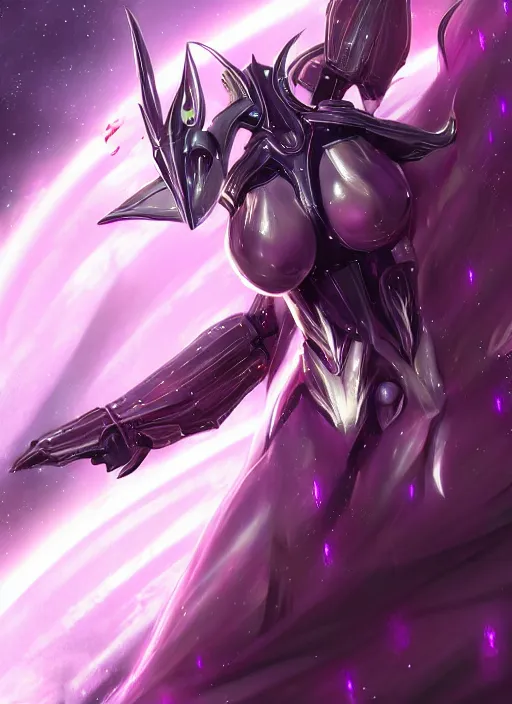 Image similar to cinematic close shot, galactic sized goddess, proportional stunning beautiful hot female warframe, sleek mecha female dragon head, metal ears, led purple eyes, smooth fuschia skin, sleek silver armor, floating in space, holding a galaxy, epic proportions, epic size, epic scale, furry art, dragon art, giantess art, warframe fanart, furaffinity, octane