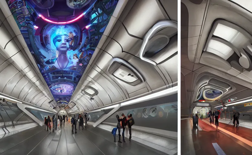 Prompt: Futuristic cyber subway station , Pixar style by Tristan Eaton_Stanley Artgerm and Tom Bagshaw