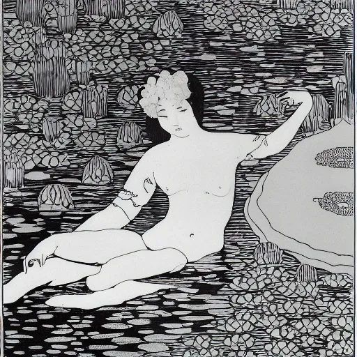 Image similar to A girl bathes in a lake where water lilies are floating, lithography by Aubrey Beardsley, High definition, detailed,