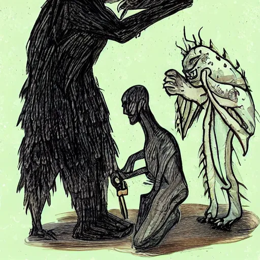 Image similar to Changeling bard standing over a sobbing lizard man in fetal position, sad, depressing, dark color schema, raining, in the style of Eric Carle