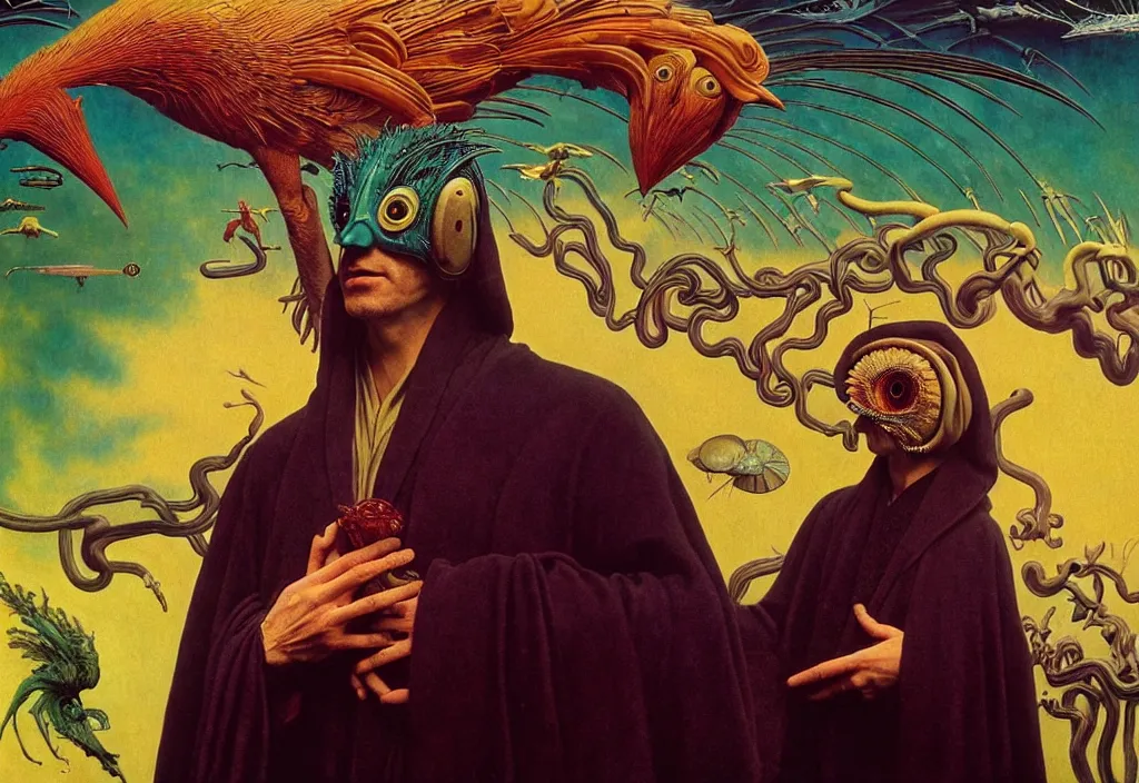 Image similar to realistic detailed portrait movie still of a birdman wearing dark robe, sci fi landscape background by denis villeneuve, amano, yves tanguy, alphonse mucha, ernst haeckel, max ernst, roger dean, masterpiece, rich moody colours, snarling dog teeth