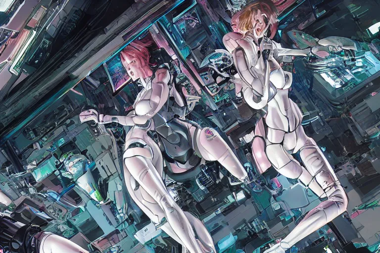 Image similar to a finely composed cyberpunk illustration of a group of white female androids' in style of hajime sorayama, lying scattered over an abstract, empty, white floor, by masamune shirow and katsuhiro otomo, hyper-detailed, colorful, view from above, wide angle, close up, spacious