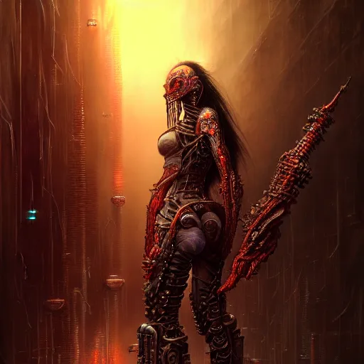 Image similar to a highly detailed long shot photo of chthonic cyberpunk! warcraft female character by ayami kojima, beksinski, giger, intricate, digital painting, artstation, intricate, concept art, smooth, sharp focus, illustration