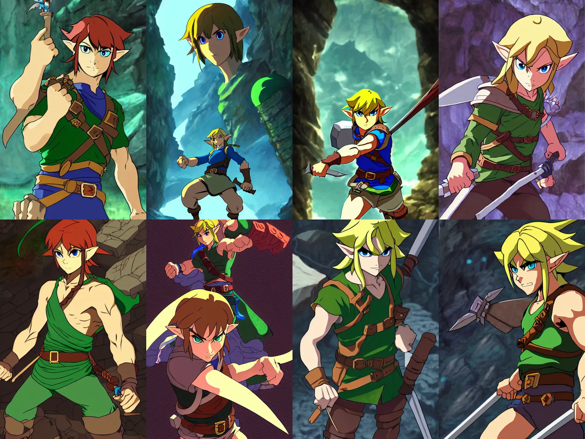 Prompt: adult link in a cave, muscular, legend of zelda, mature, dark, dungeons and dragons, dragon's lair, in the anime style of makoto shinkai, katsuhiro otomo, key art