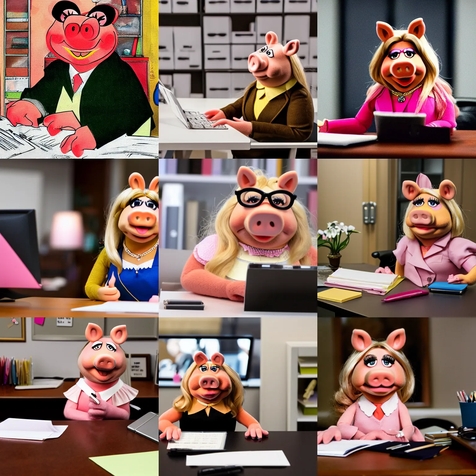 Prompt: portrait of miss piggy working at her desk in an office