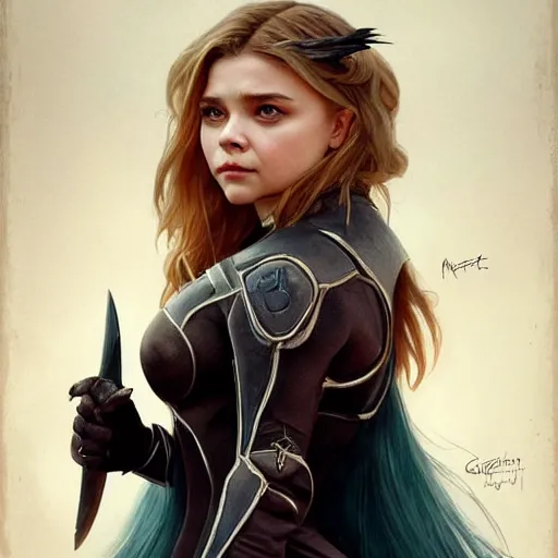 Image similar to Beautiful Chloë Grace Moretz as Bat Girl, western, D&D, fantasy, intricate, elegant, highly detailed, digital painting, artstation, concept art, matte, sharp focus, illustration, art by Artgerm and Greg Rutkowski and Alphonse Mucha