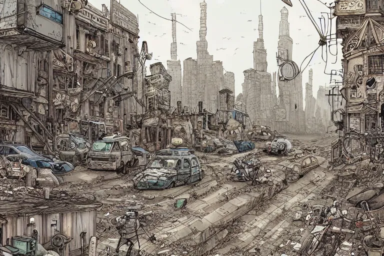 Image similar to a post apocalyptic city street by Mattias Adolfsson