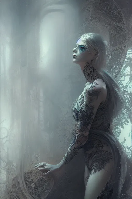 Prompt: woman with pale skin and intricate tattoos, fog, volumetric lighting, intricate, elegant, highly detailed, digital painting, artstation, concept art, smooth, sharp focus, art nouveau, cyberpunk, art by raymond swanland and alphonse mucha