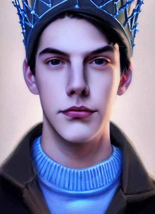 Image similar to portrait of teenage jughead jones wearing a light grey crown, crown, blue turtleneck, 1 9 5 0 s, closed eyes, photorealistic, black hair, glowing lighting, intricate, elegant, glowing lights, highly detailed, digital painting, artstation, concept art, smooth, sharp focus, illustration, art by wlop, mars ravelo and greg rutkowski