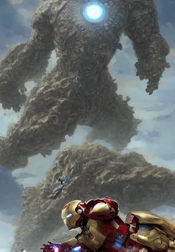 Prompt: iron man fighting a giant kaiju, highly detailed, science fiction landscape, art style by klimt and nixeu and ian sprigger and wlop and krenz cushart