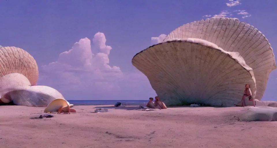 Image similar to a giant seashell house in the middle of nowhere, cinematography by syd mead, gregory crewdson, moebius