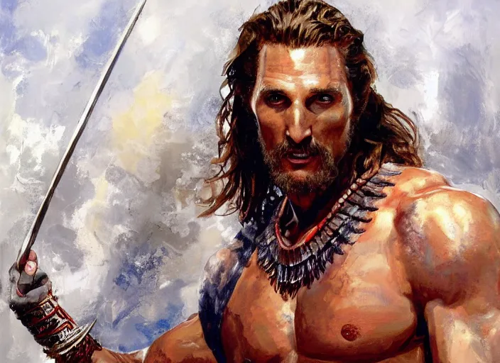 Image similar to a highly detailed beautiful portrait of matthew mcconaughey as kratos, by gregory manchess, james gurney, james jean