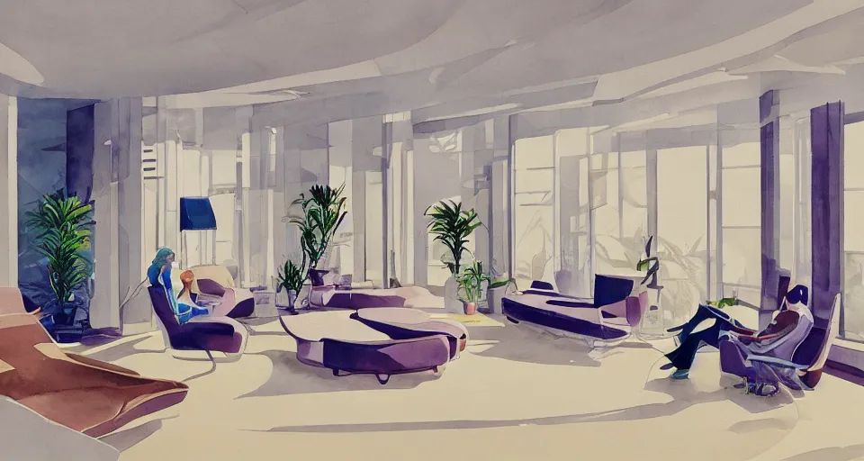 Image similar to a beautiful illustration of futuristic interior hall, lots of furniture, sofa, waiting room, big medium small, sacred geometry, golden ratio, in watercolor gouache detailed paintings, in style of syd mead, trending on artstation,8k, panel, hard surface, vent, zaha hadid, props, plant, cozy,decoration around the room