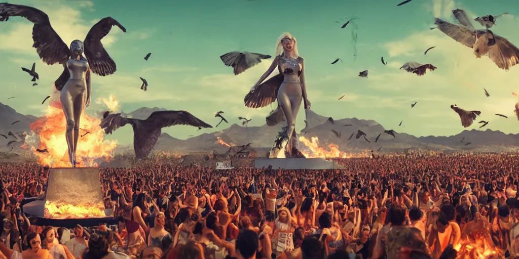 Image similar to realistic cinematic views of a orwellian coachella with fires in the background and dead seagulls falling from the sky in front of the main stage worshipping a large statue of kylie jenner, hyper detailed, terror glows, hyper realistic, digital painting, 8 k, 3 5 mm film grain, octane render