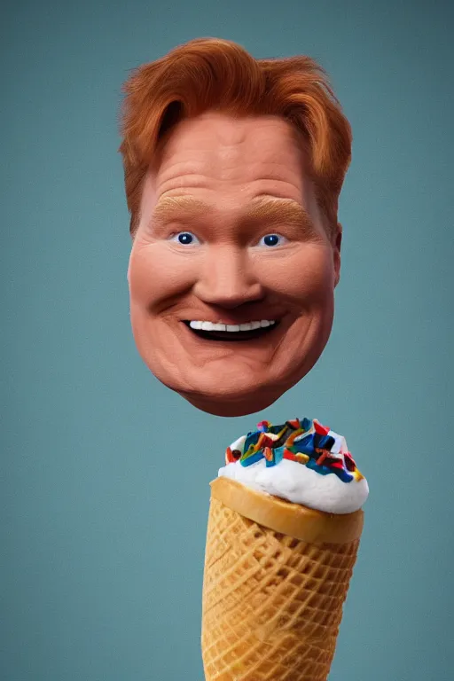 Image similar to 📷 conan o'brien the ice - cream cone 🍦, made of food, head portrait, dynamic lighting, 4 k