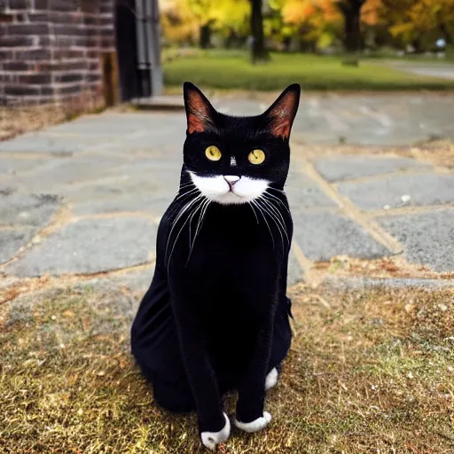 Prompt: a gentleman cat wearing a black jacket and a cap
