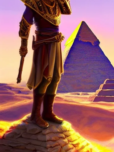 Image similar to a handsome man, leaning on his staff, near the great pyramids. intricate, elegant, highly detailed, digital painting, artstation, concept art, sharp focus, illustration, by justin gerard and artgerm, 8 k