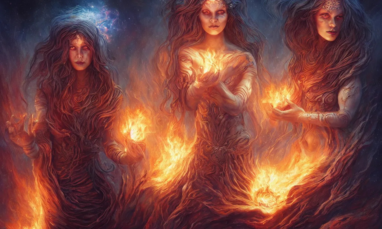 Prompt: Galactic goddess of fire holding the earth in her hands, fantasy, magic, digital illustration by Seb McKinnon and WLOP and ArtGerm, trending on artstation