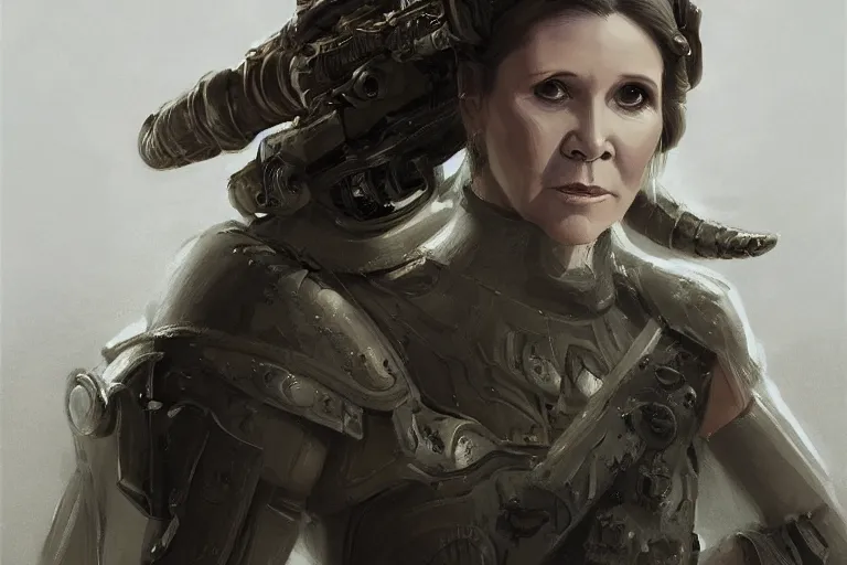 Prompt: a finely detailed portrait of Carrie Fisher, clothed in battle armor, olive skin, long dark hair, beautiful bone structure, symmetrical facial features, intricate, elegant, digital painting, trending on Artstation, concept art, smooth, sharp focus, illustration, from Metal Gear by Ruan Jia and Mandy Jurgens and Artgerm and Greg Rutkowski, award winning