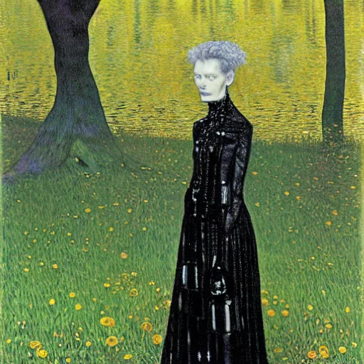 Prompt: Tilda Swinton with beautiful clear defined face and body as a gothic victorian woman clothed in black dress and veil standing in front of a lake near an ominous forest. Junji Ito, Gustav Klimt, Edvard Munch, shallow focus