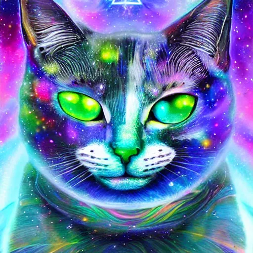 Prompt: a galaxy colored psychedelic chakra awakening kundalini ethereal portrait of a cat, eternal blessing, multiverse, by android jones, by ben ridgeway, visionary art, by artgerm, featured on artstation, cgsociety, by greg rutkowski