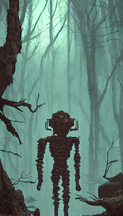 Image similar to stone golem, true evil, dormant, cyberpunk forest, nearby, sharp focus, james gilleard, cinematic, game art, extremely detailed digital painting, print