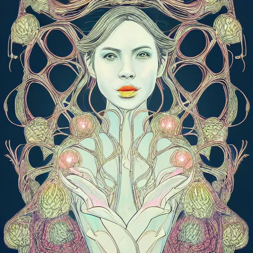 Image similar to the portrait of an absurdly beautiful, graceful, elegant, and sophisticated young woman made of bulbs of garlic, an ultrafine detailed illustration by james jean, intricate linework, bright colors, final fantasy, behance contest winner, vanitas, angular, altermodern, unreal engine 5 highly rendered, global illumination, radiant light, detailed and intricate environment