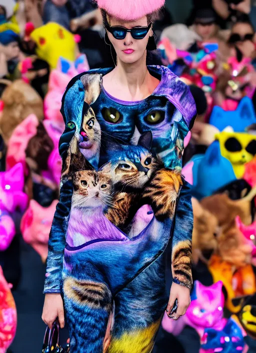 Prompt: hyperrealistic and heavy detailed balenciaga runway show of cats by lisa frank, leica sl 2 5 0 mm, vivid color, high quality, high textured, real life