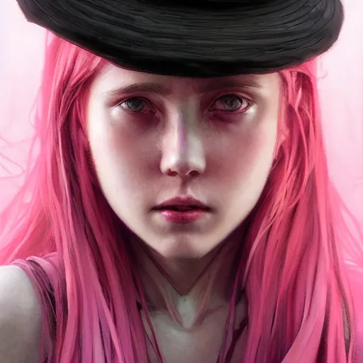 Prompt: a photorealistic dramatic fantasy render of a pink coloured haired young girl with a black wool street hat on her head by wlop, artgerm, greg rutkowski, alphonse mucha, beautiful dynamic dramatic dark moody lighting, shadows, cinematic atmosphere, artstation, concept design art, octane render, 8 k