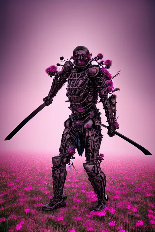 Image similar to hyperrealistic neo - gothic muscular human demon hybrid, exoskeleton armor, holding katana, field of pink flowers, highly detailed digital art masterpiece, vitaly bulgarov dramatic dark teal light, ground angle hd 8 k, sharp focus