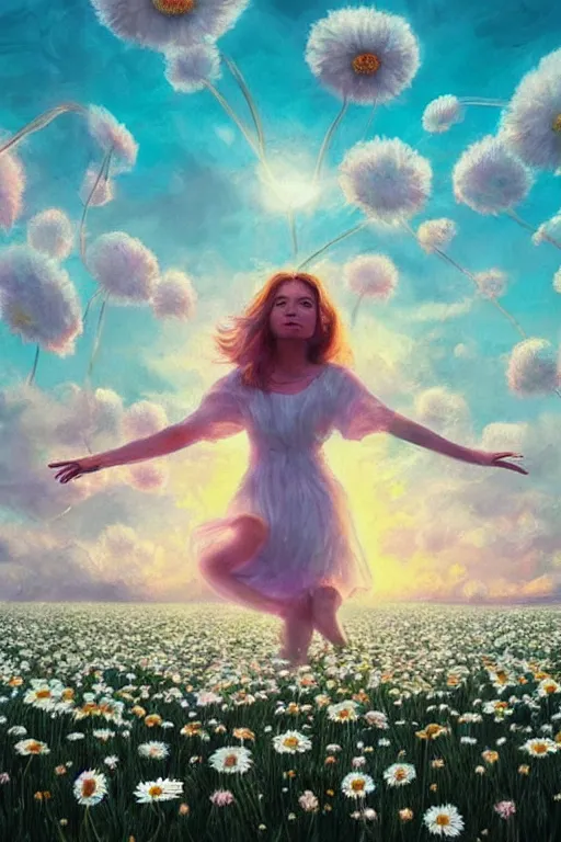 Image similar to giant white daisy flower as head, girl dancing in a flower field, surreal photography, sunrise, dramatic light, impressionist painting, colorful clouds, digital painting, artstation, simon stalenhag