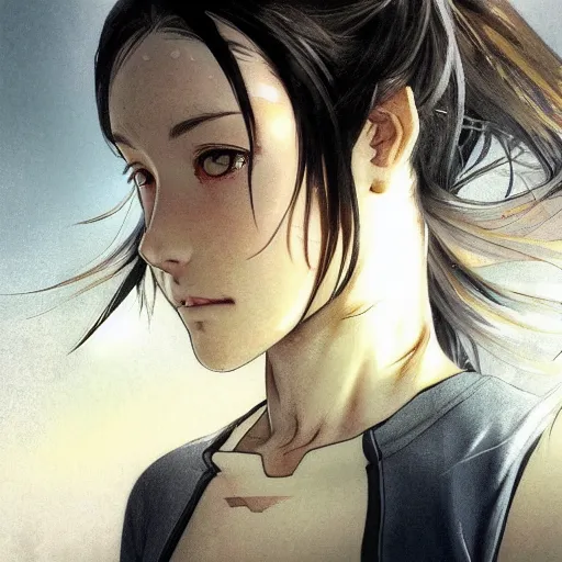 Image similar to a girl is running, sport clothing, anime style, long hair, hair down, symmetrical facial features, from arknights, hyper realistic, highly detailed, rule of thirds, extreme detail, detailed drawing, trending artstation, realistic lighting, black iris, by alphonse mucha, greg rutkowski, sharp focus, backlit, real faces, realistic anatomy
