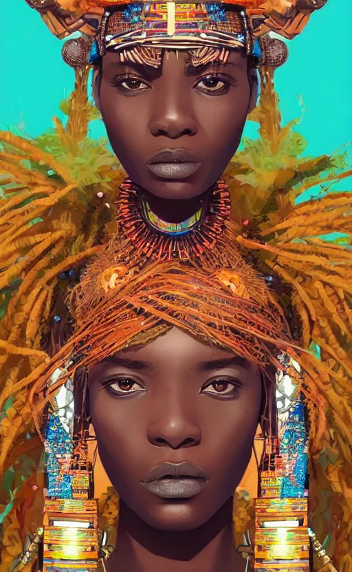 Image similar to upper half portrait of retro futuristic african tribal chief - embellished with vegetation and iridescent crystals, art by chsiao - ron cheng, highly detailed, digital painting, concept art, illustration, smooth sharp focus, intricate, symmetry, artstation, colourful,