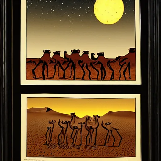 Prompt: 6 camels in the desert at night , richard corben