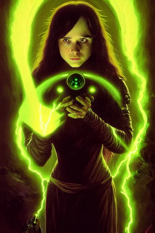Prompt: ellen page as a dark sorceress with yellow glowing eyes casting a green spell, green lighting, fantasy character portrait, ultra realistic, concept art, intricate details, highly detailed by james bama, william adolphe bouguereau and frank frazetta