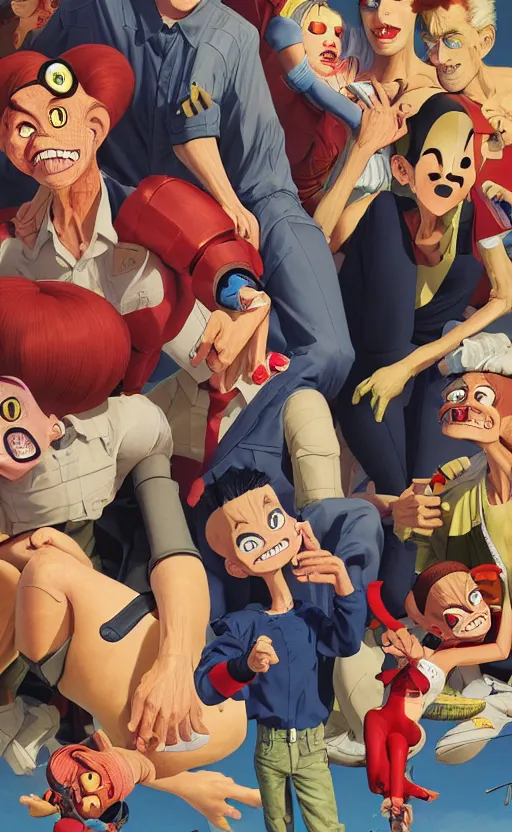 Prompt: magazine cover of a crash test dummy falling onto a family picnic, digital painting masterpiece, advanced lighting technology, stylized yet realistic anatomy and face, gorgeous, by reiq and jamie hewlett and bengus and akiman and shigenori soejima and bastien vives and balak and michael sanlaville, 4 k wallpaper, cinematic