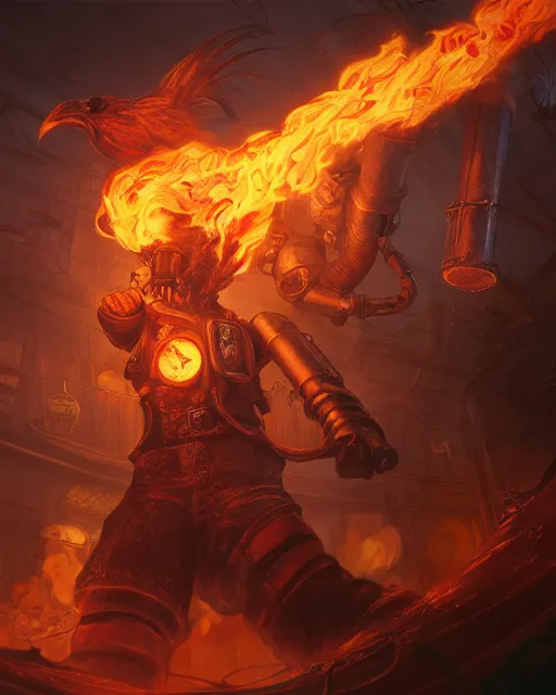 Image similar to Chicken, Anthropomorphized, holding flamethrower, raging, red, Golden Steampunk city atmosphere, magic the gathering artwork, D&D, fantasy, cinematic lighting, centered, symmetrical, highly detailed, digital painting, artstation, concept art, smooth, sharp focus, illustration, volumetric lighting, epic Composition, 8k, art by Akihiko Yoshida and Greg Rutkowski and Craig Mullins, heroic pose, oil painting, cgsociety