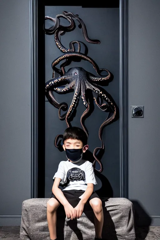 Image similar to boy with tomodachi mask sittin alone near black door. octopus, photorealistic, smooth, 4 k, aesthetic lighting, baroque object, hyperdetailed, professional photography, pullitzer winning, photo by : canon eos 5 d mark iv, by karah mew and adnan abidi