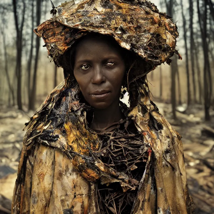 Image similar to closeup portrait of a woman wearing a cloak made of garbage and junk, standing in a burnt forest, by Annie Leibovitz and Steve McCurry, natural light, detailed face, CANON Eos C300, ƒ1.8, 35mm, 8K, medium-format print